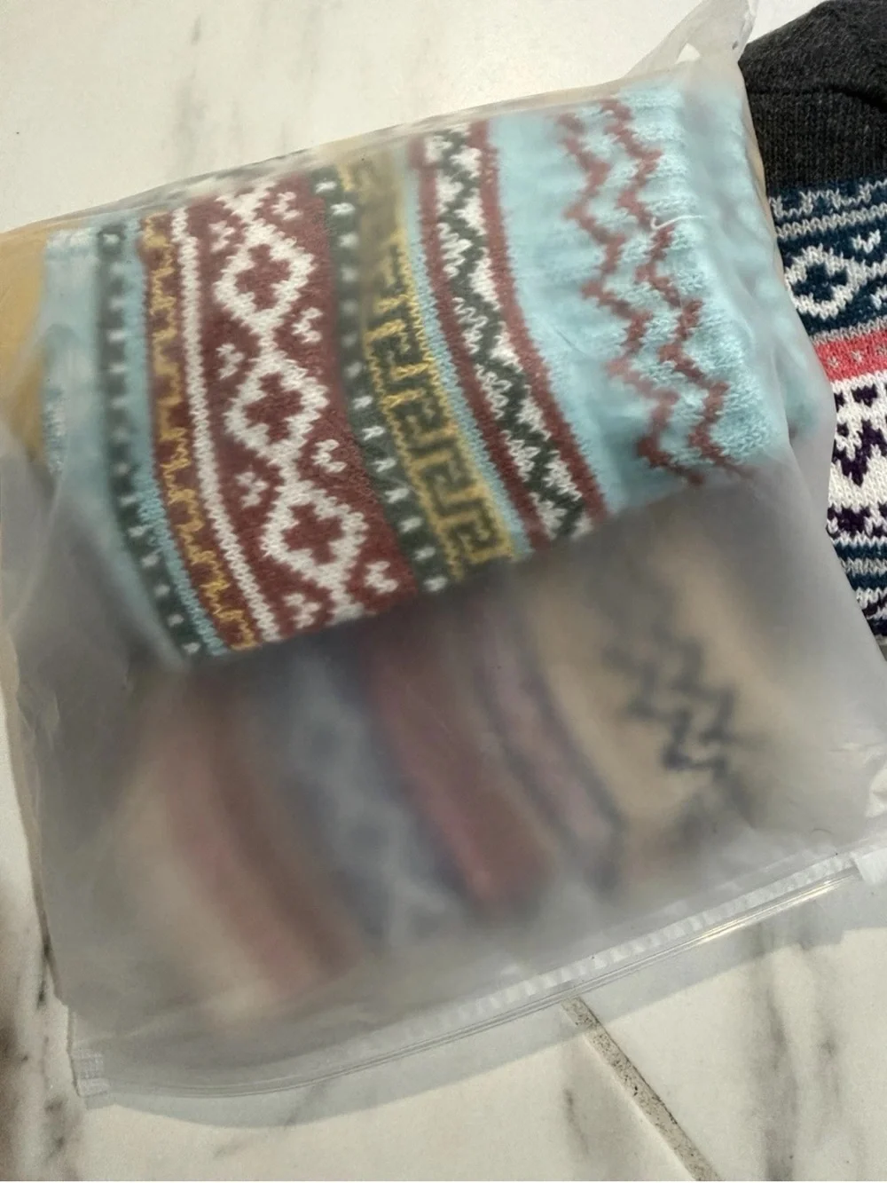 Men's womens Patterned Crew Socks in Gray with Blue, Purple & Pink Accents
